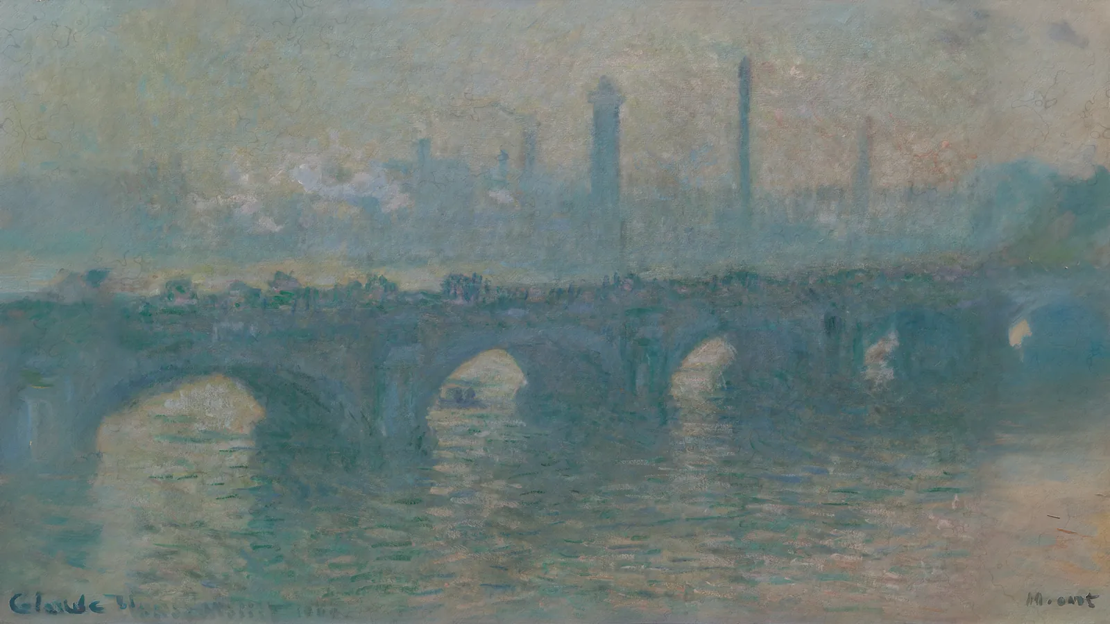 Waterloo Bridge, graues Wetter von Claude Monet, erweitert auf 16:9