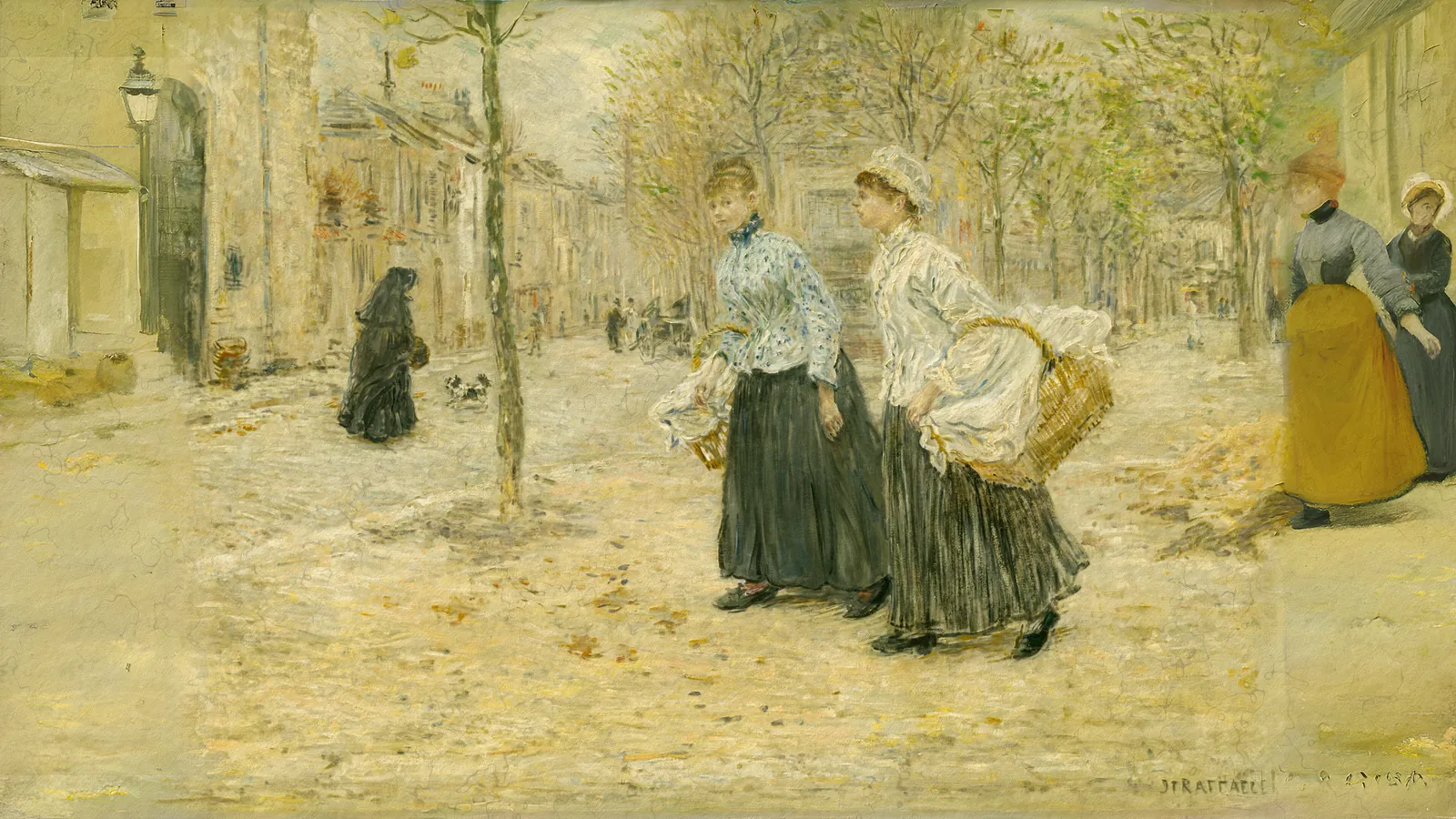 Zwei Wäscherinnen beim Überqueren eines kleinen Parks in Paris von Jean-François Rafaëlli, erweitert auf 16:9