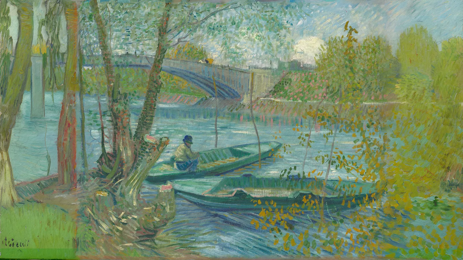 Pesca in primavera, il ponte di Clichy (Asnières) di Vincent van Gogh, esteso in 16:9