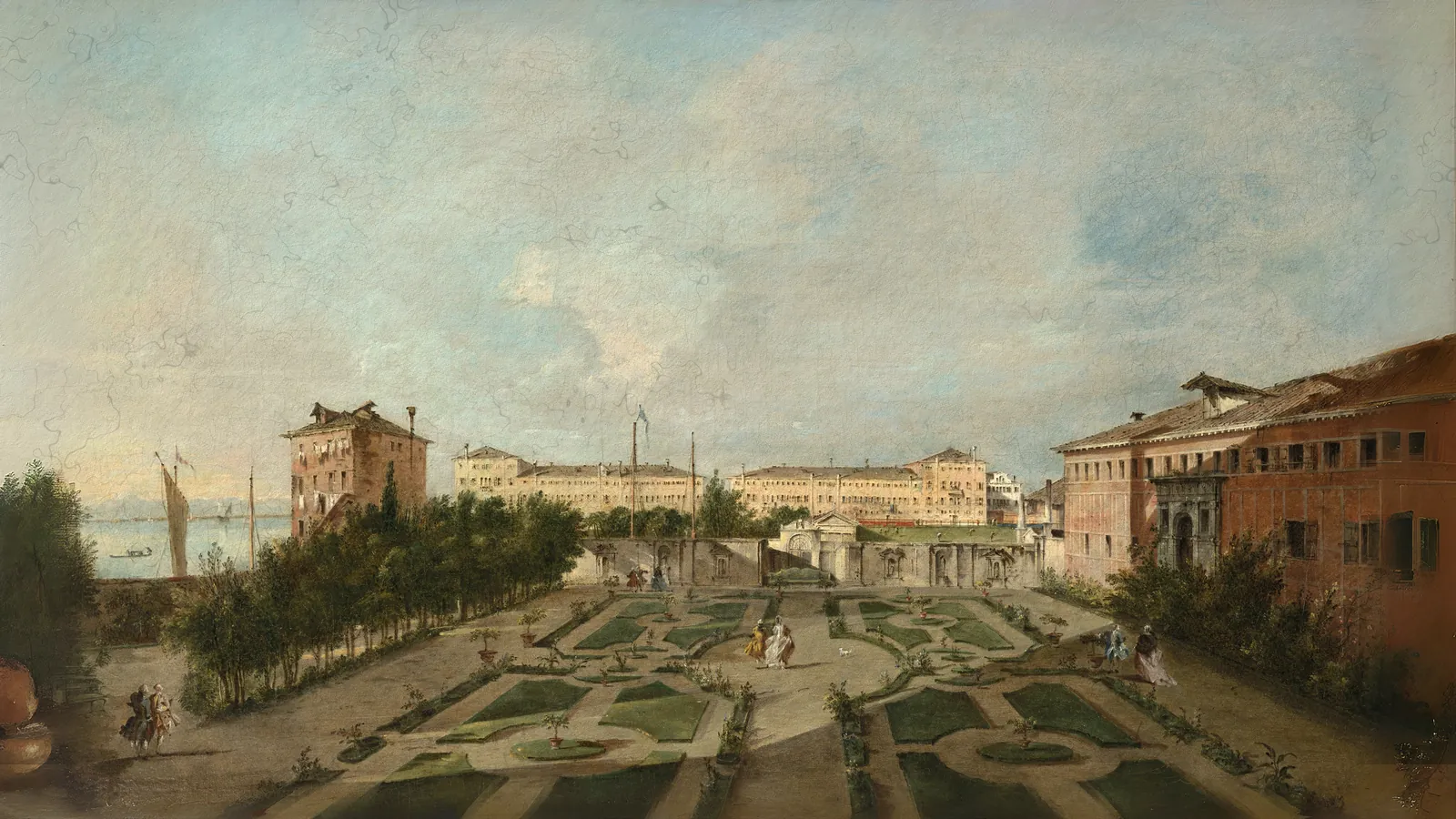 Der Garten des Palazzo Contarini dal Zaffo von Francesco Guardi, erweitert auf 16:9