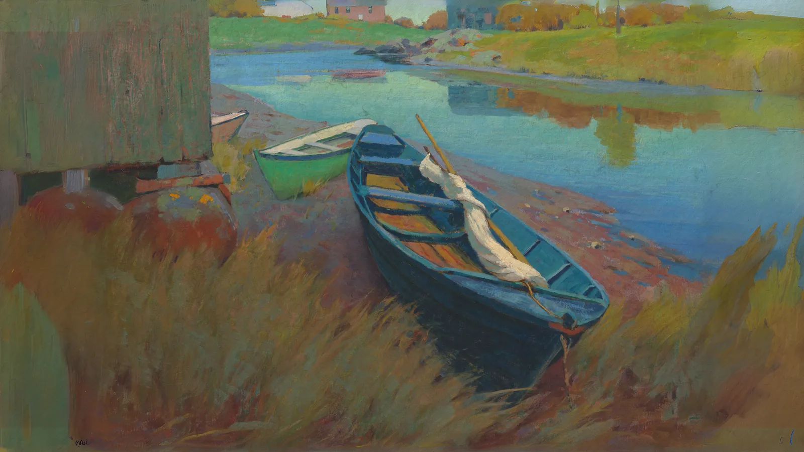 Boats at Rest by Arthur Wesley Dow, extended to 16:9