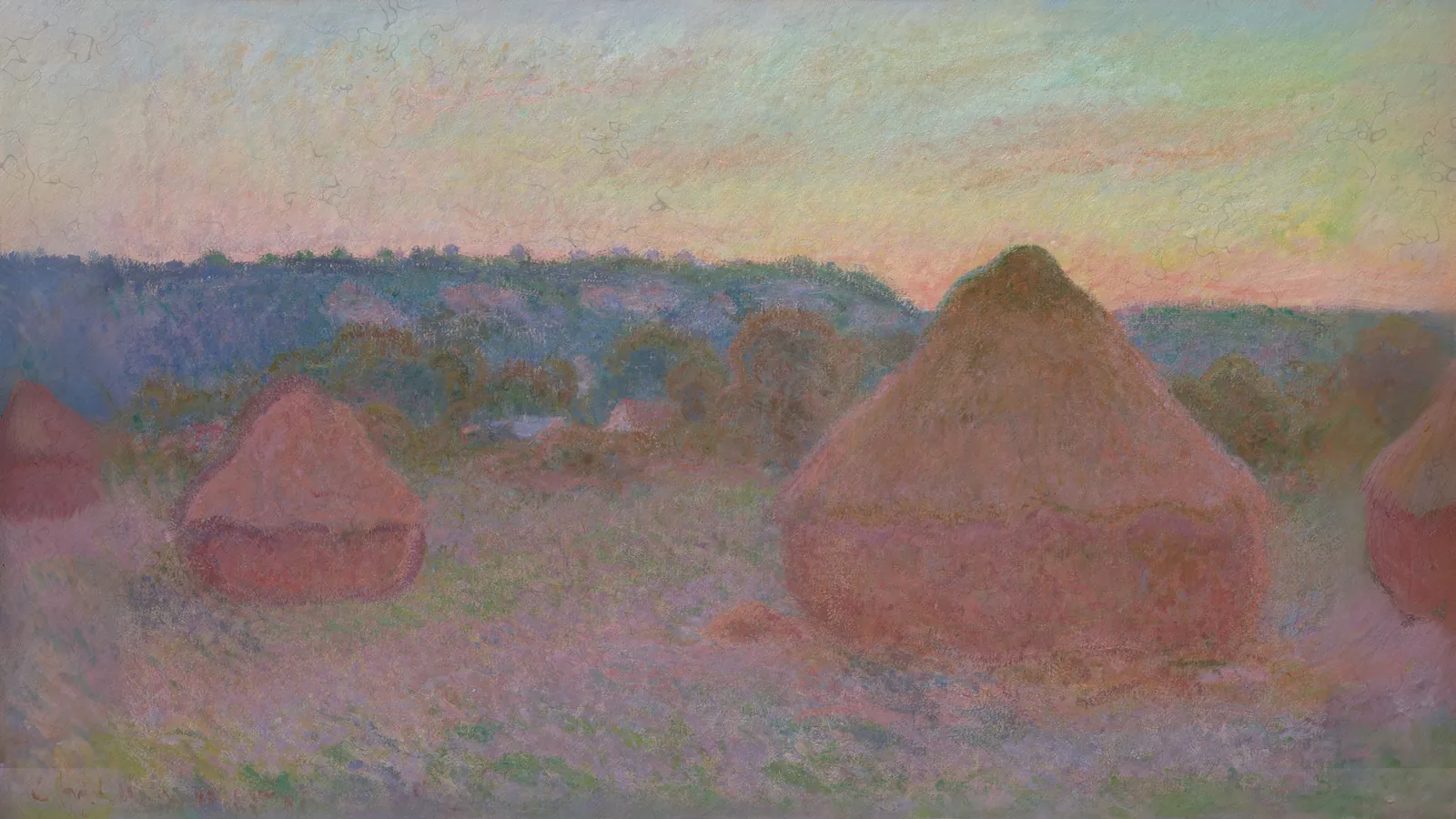 Covoni di grano (Fine giornata, autunno) di Claude Monet, esteso a 16:9