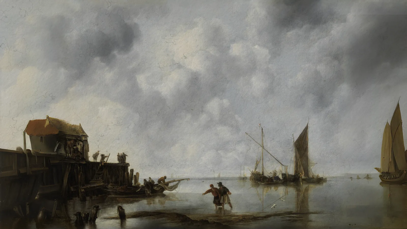 Fishing Boats in a Calm by Jan van de Cappelle, extended to 16:9
