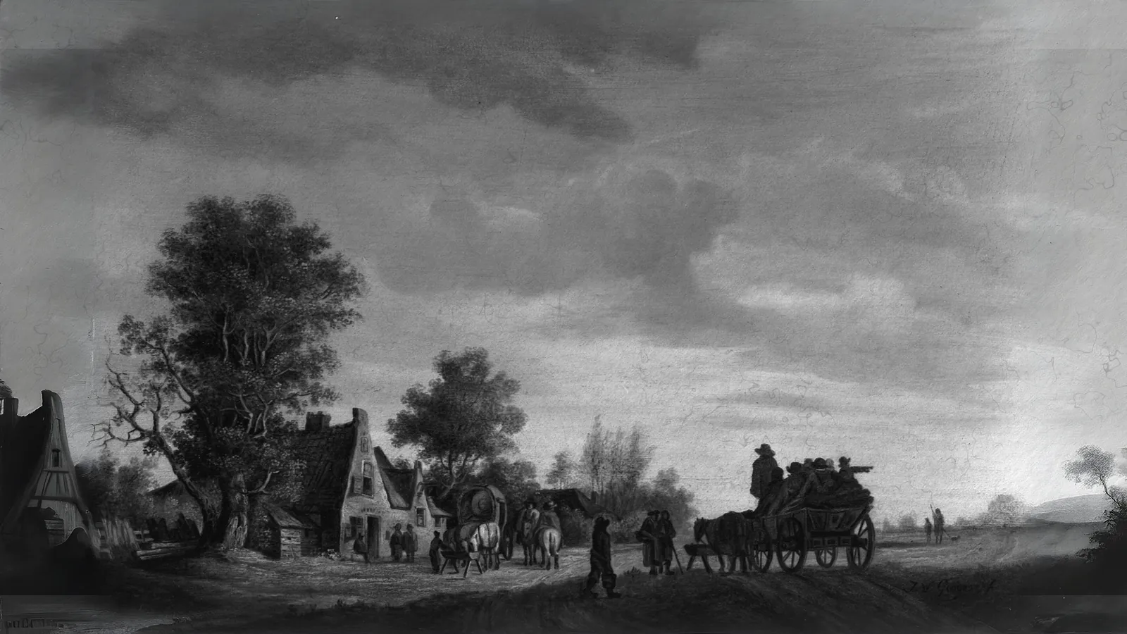 Travellers Arriving at an Inn by Pieter De Neyn, extended to 16:9