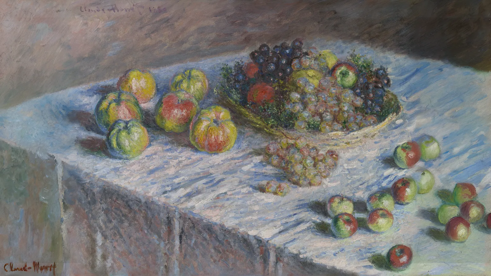 Apples and Grapes by Claude Monet, extended to 16:9