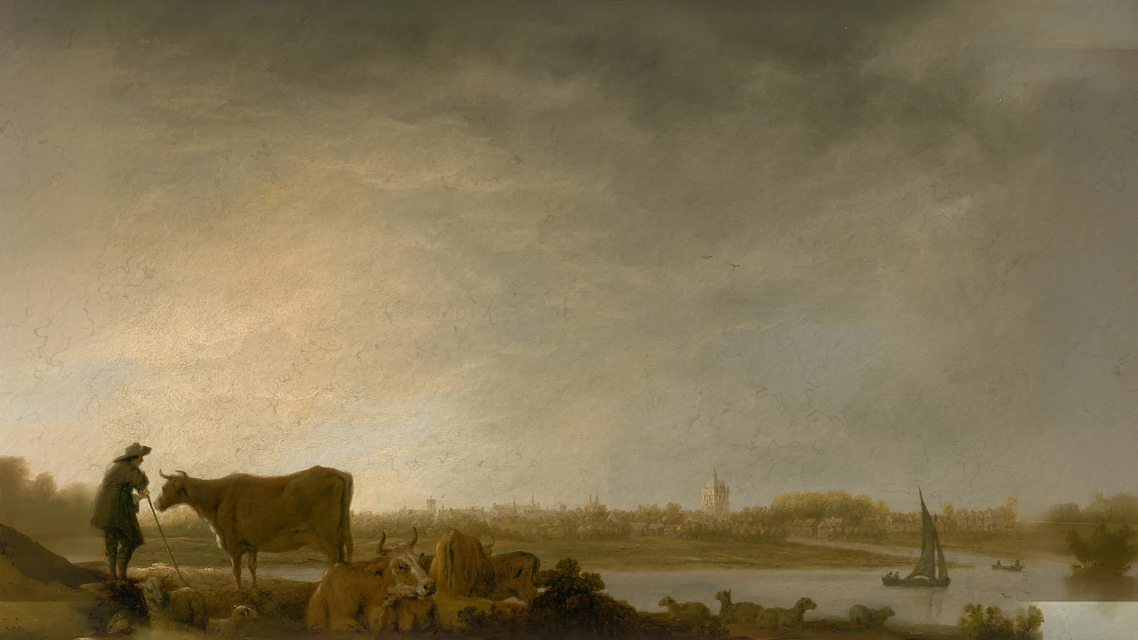 Ansicht von Vianen mit einem Hirten und Vieh an einem Fluss von Aelbert Cuyp, erweitert auf 16:9