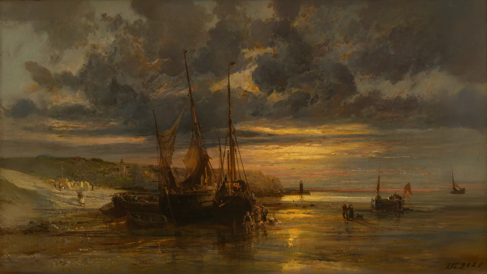 Beached Fishing Boats by Jules Achille Noël, extended to 16:9
