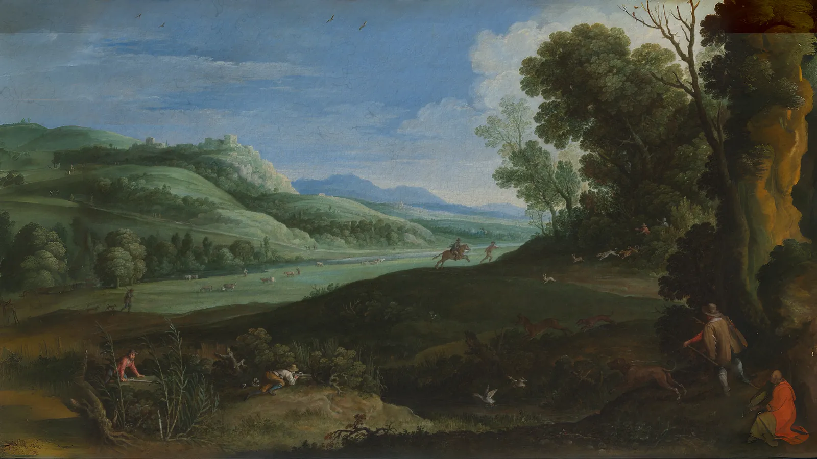 Landscape with Hunters by Paul Bril, extended to 16:9