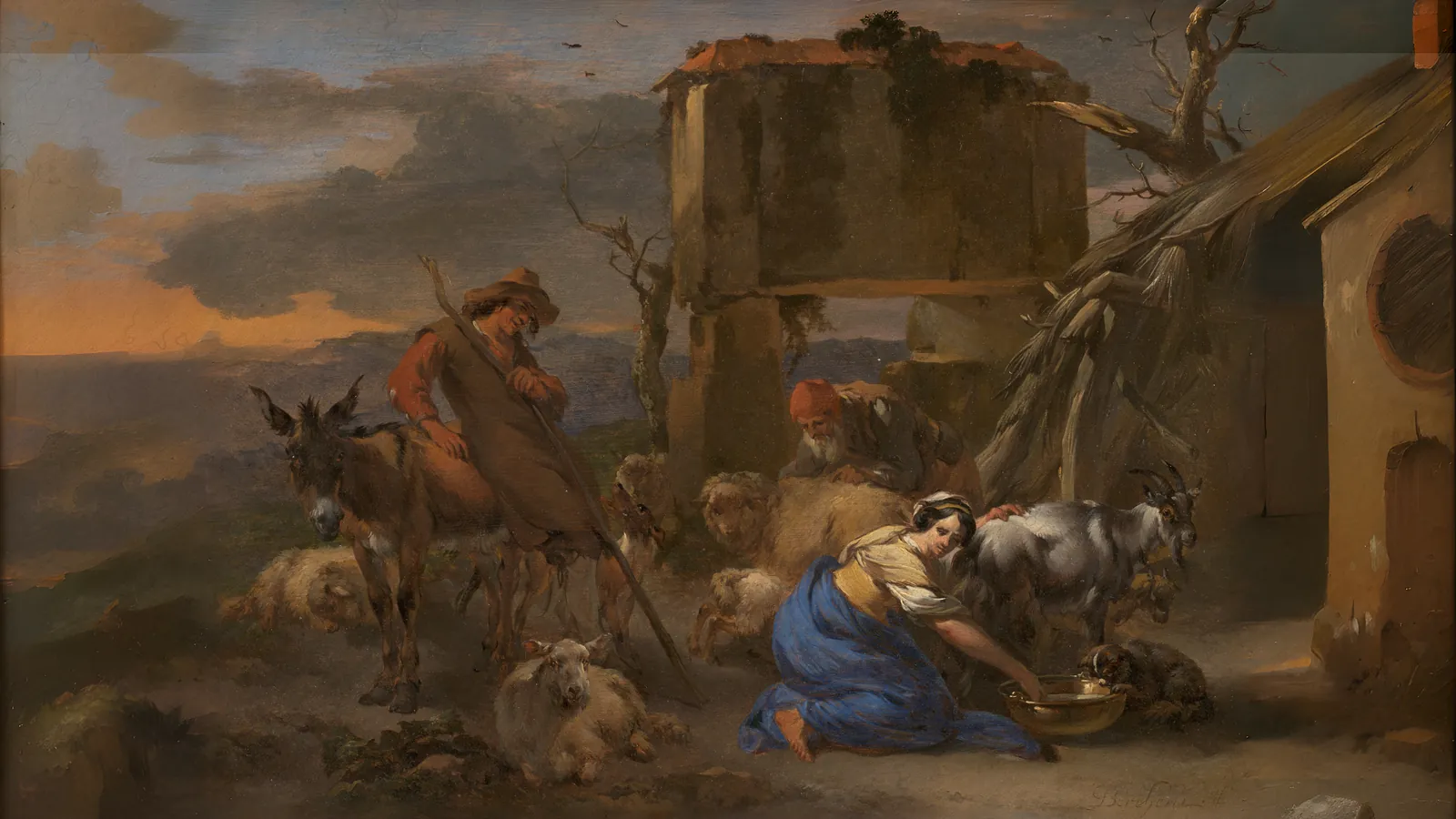 Scène pastorale avec une bergère trayant une chèvre par Nicolaes Berchem, étendu au 16:9