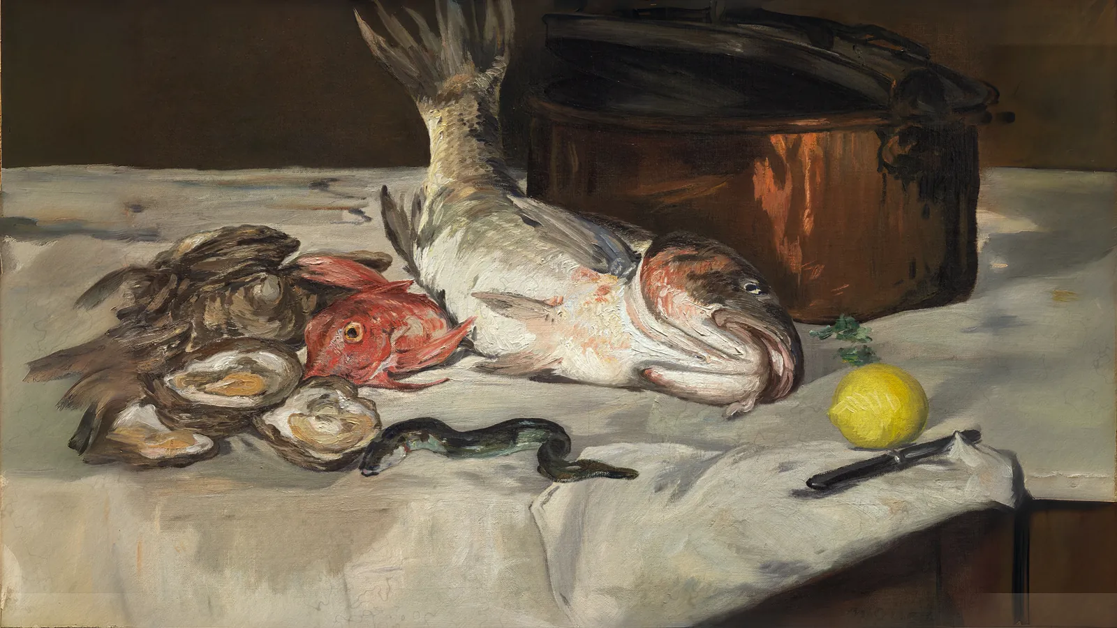 Fish (Still Life) by Édouard Manet, extended to 16:9