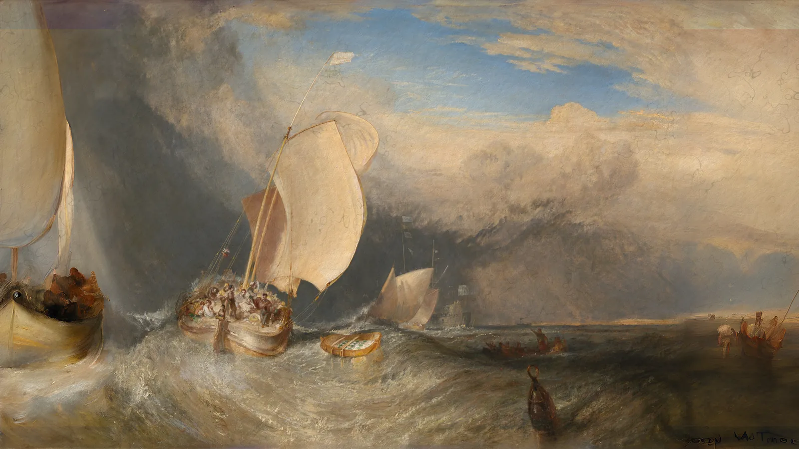Fishing Boats with Hucksters Bargaining for Fish by Joseph Mallord William Turner, extended to 16:9