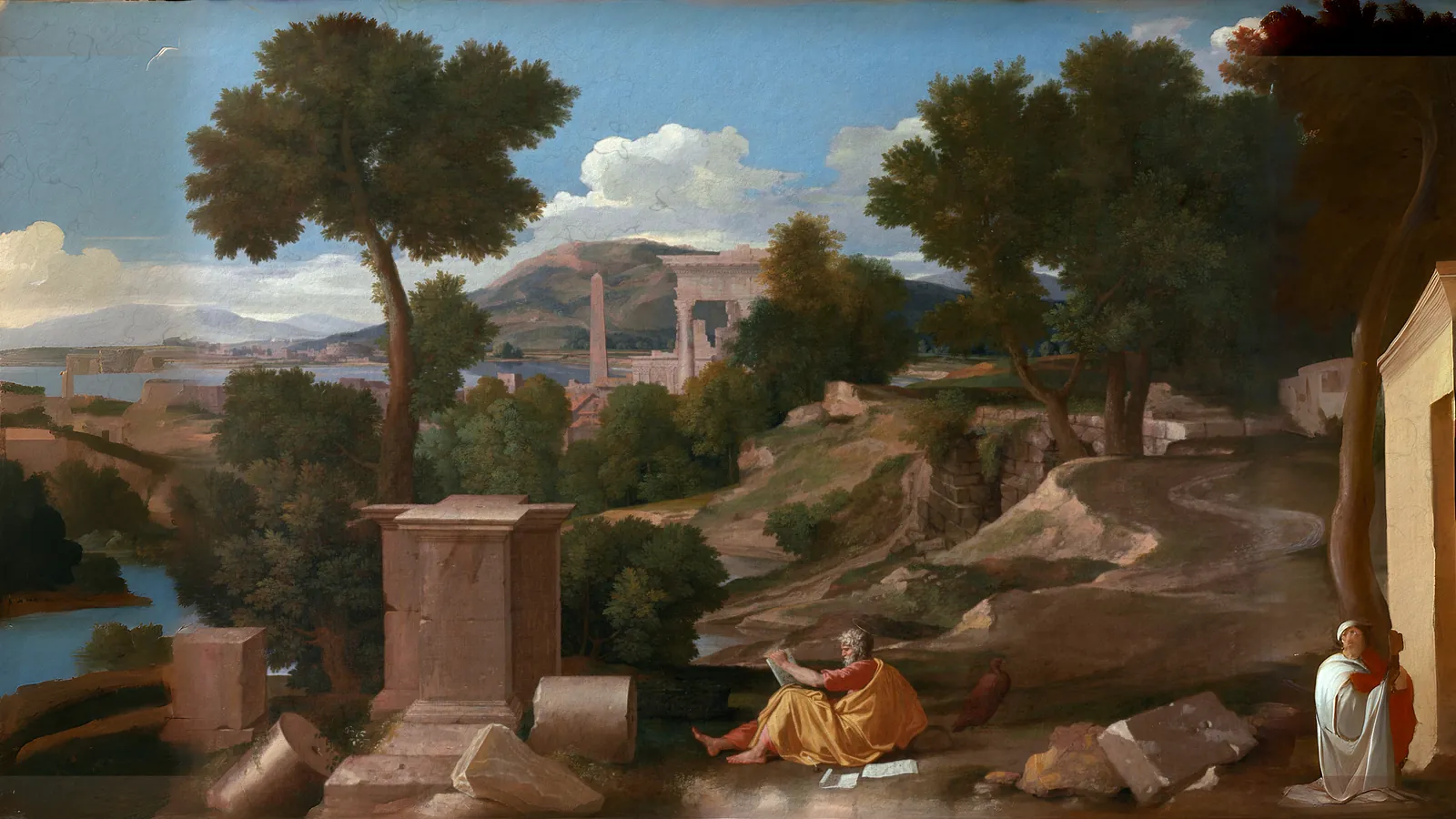 Landschaft mit dem heiligen Johannes auf Patmos von Nicolas Poussin, erweitert auf 16:9
