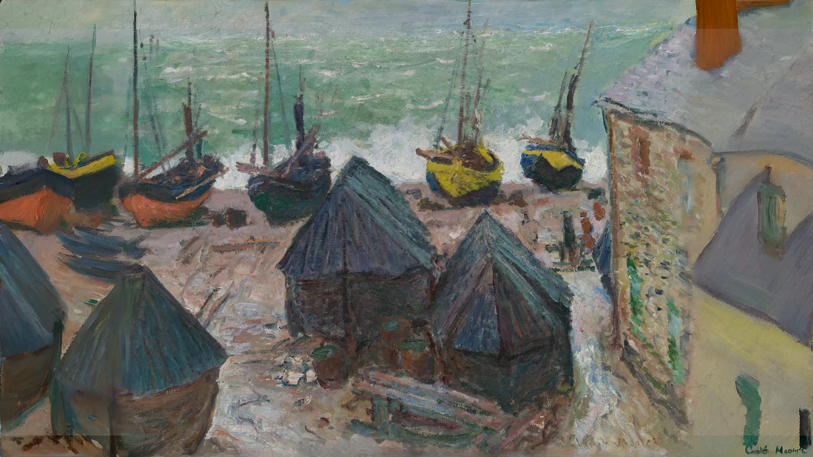 Boote am Strand von Étretat von Claude Monet, erweitert auf 16:9