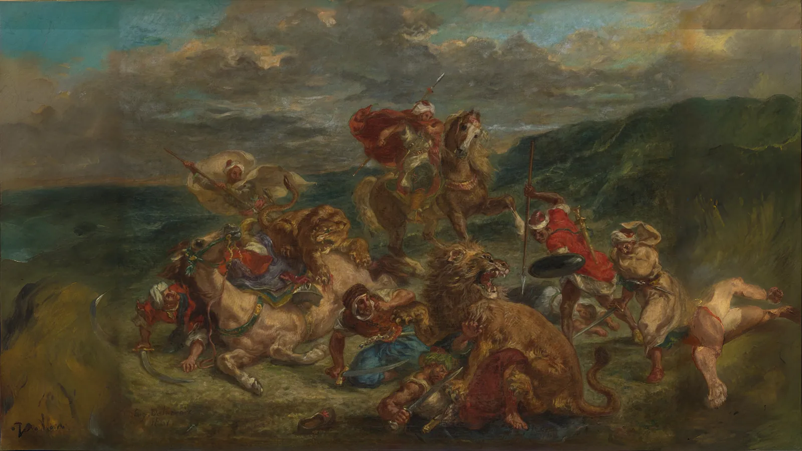 Lion Hunt by Eugène Delacroix, extended to 16:9