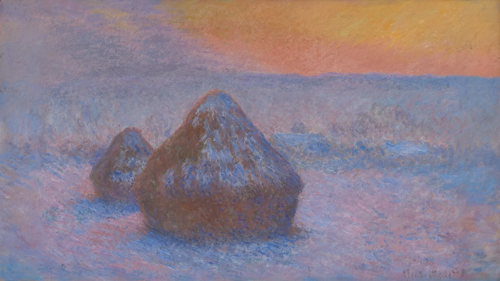 Stacks of Wheat (Sunset, Snow Effect) by Claude Monet, extended to 16:9