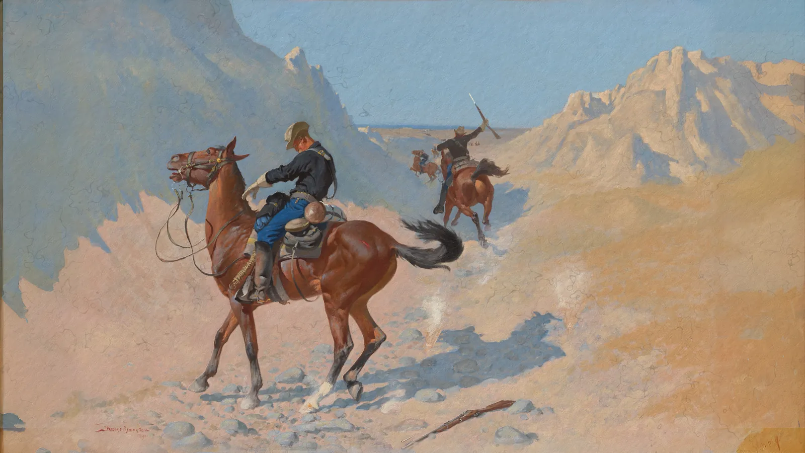 Die Vorhut oder Das militärische Opfer (Der Hinterhalt) von Frederic Remington, erweitert auf 16:9