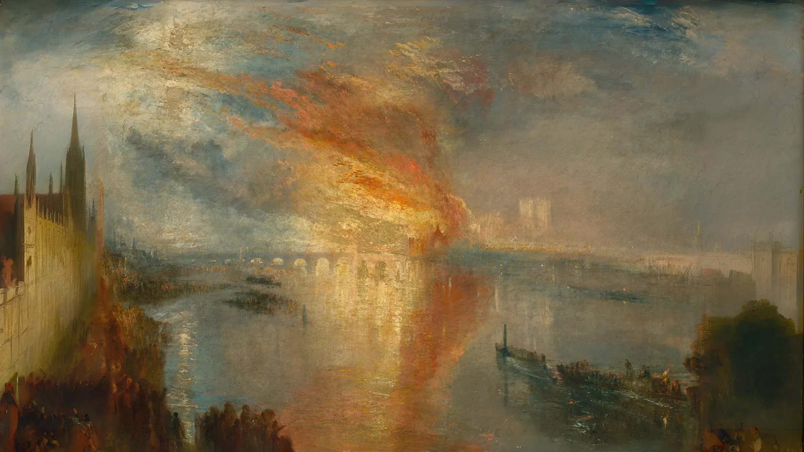 L'incendio della Camera dei Lord e della Camera dei Comuni, 16 ottobre 1834 di Joseph Mallord William Turner, esteso a 16:9