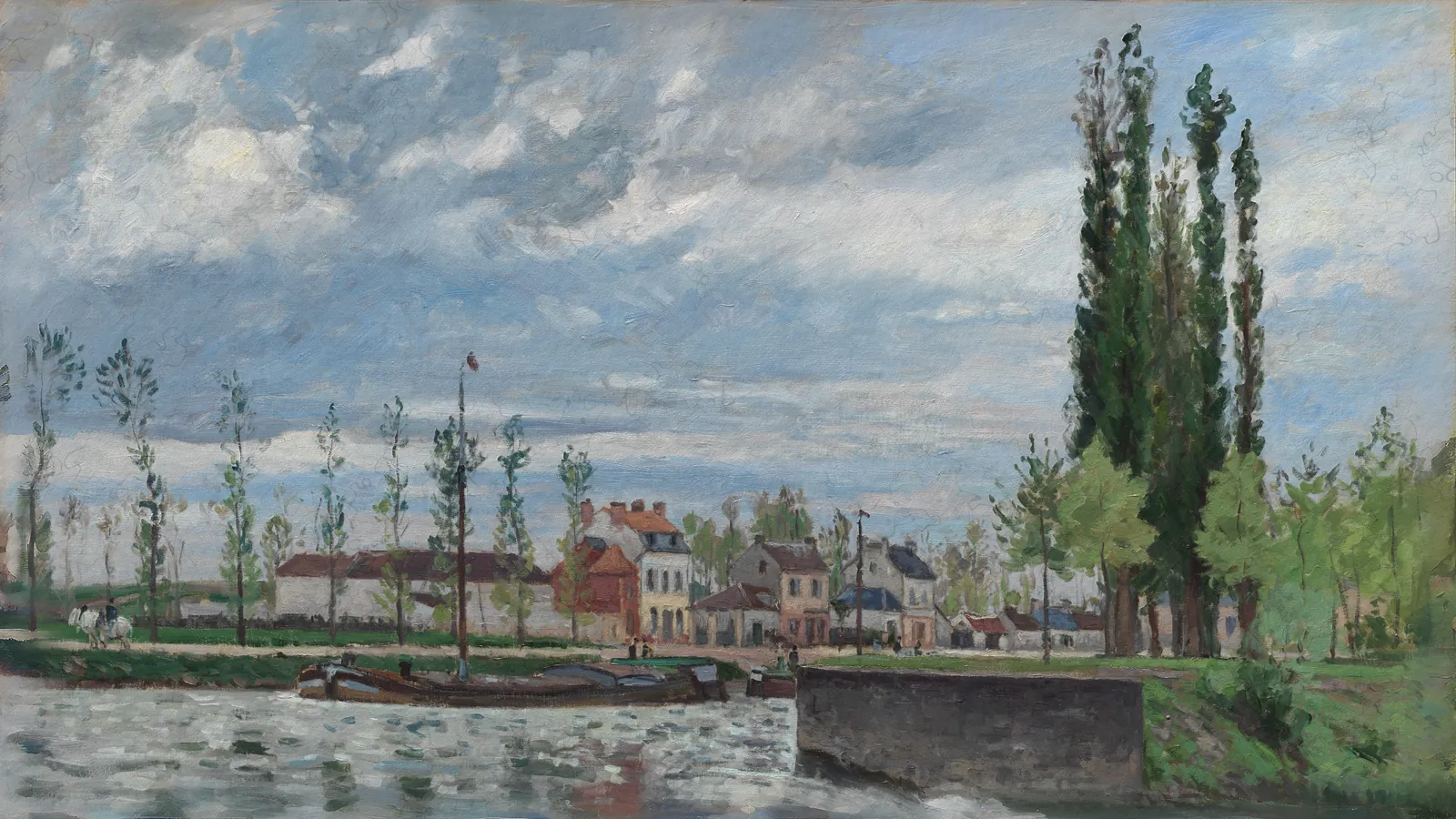 La chiusa di Pontoise di Camille Pissarro, esteso a 16:9