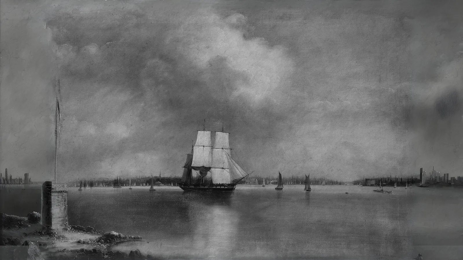 Bay and Harbor of New York from Bedlow's Island by Edmund C. Coates, extended to 16:9