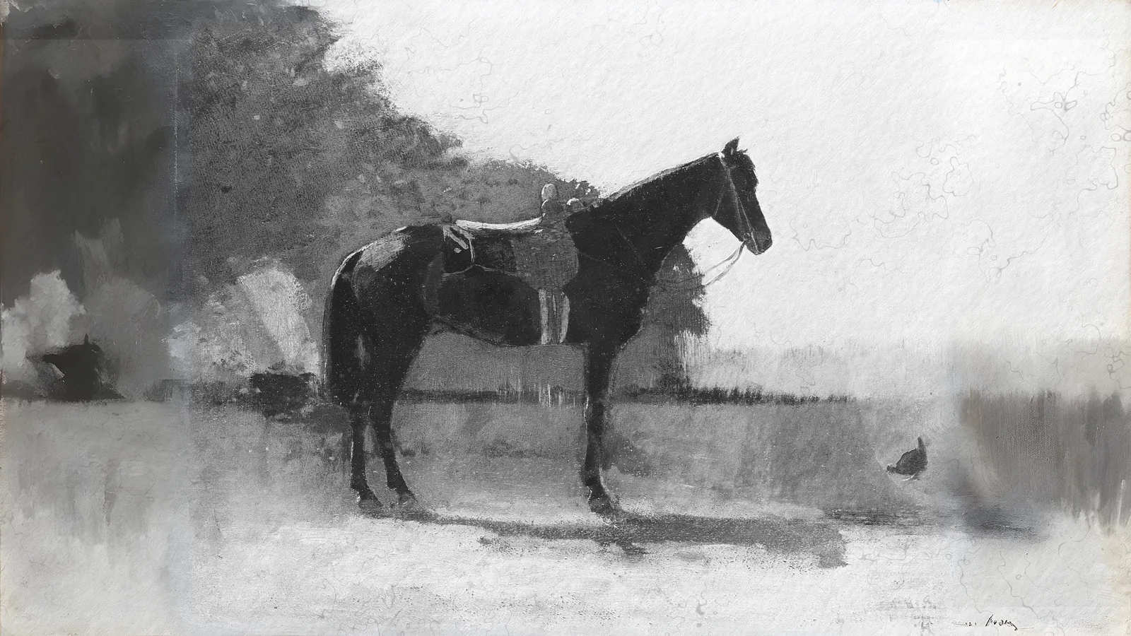 Cheval de selle dans une cour de ferme par Winslow Homer, étendu au format 16:9