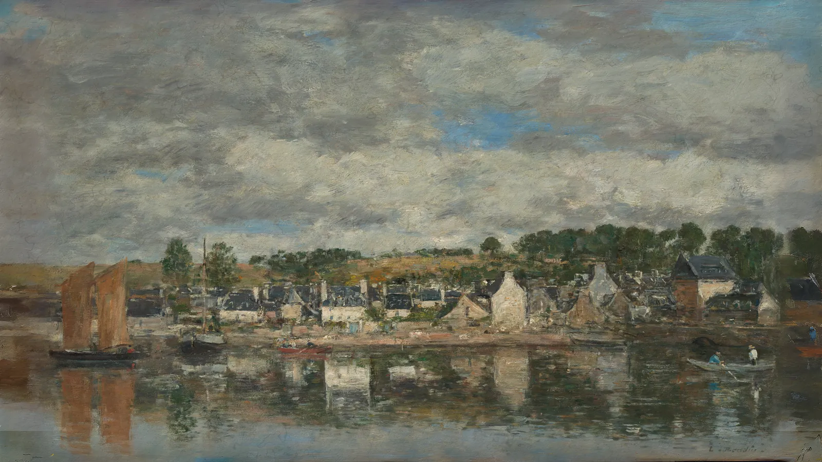Village by a River by Eugène Boudin, extended to 16:9