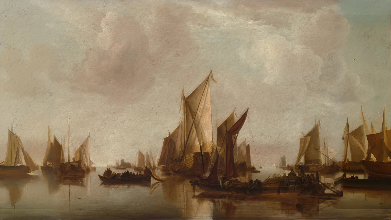 Eine Staatsyacht und andere Schiffe in ruhigem Wasser von Jan van de Cappelle, erweitert auf 16:9