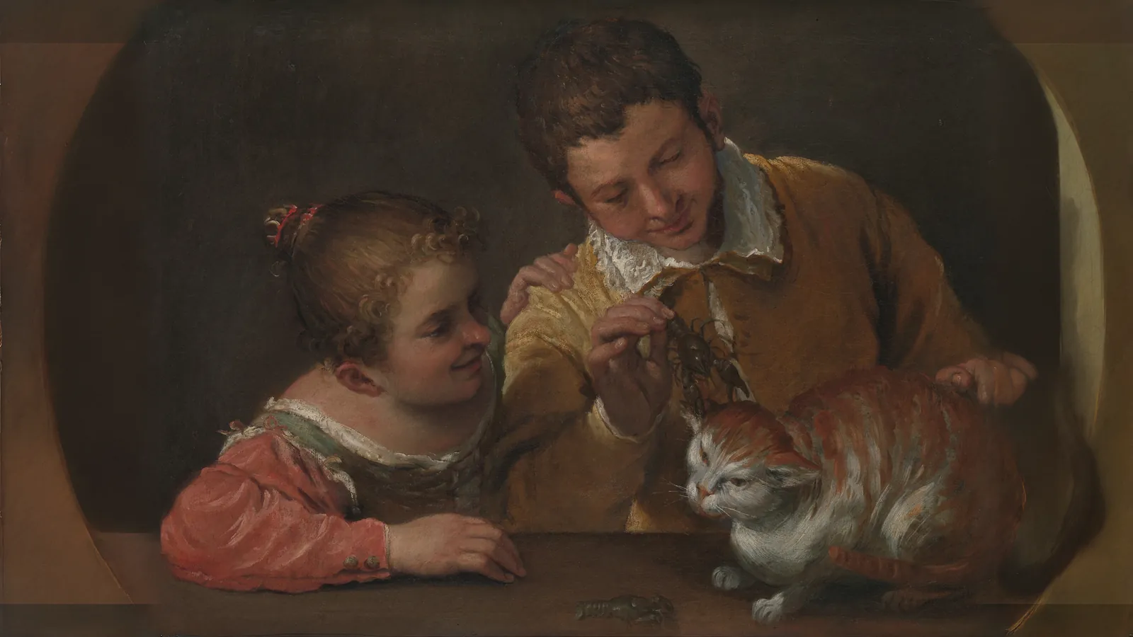 Two Children Teasing a Cat by Annibale Carracci, extended to 16:9