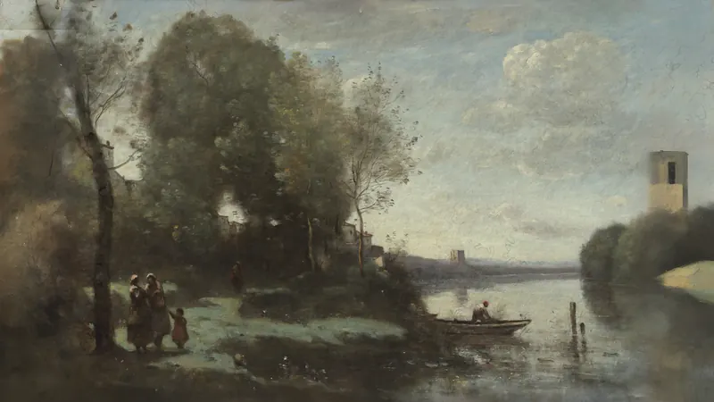 Rio com uma torre distante de Camille Corot