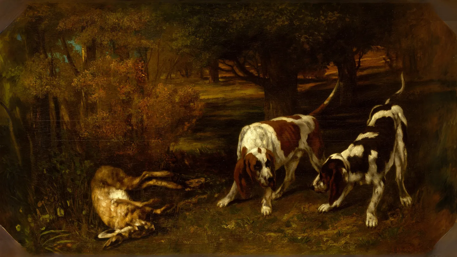 Cani da caccia con lepre morta di Gustave Courbet, esteso in 16:9