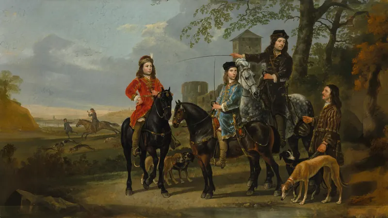 Reiterporträt von Cornelis (1639–1680) und Michiel Pompe van Meerdervoort (1638–1653) mit ihrem Tutor und Kutscher von Aelbert Cuyp