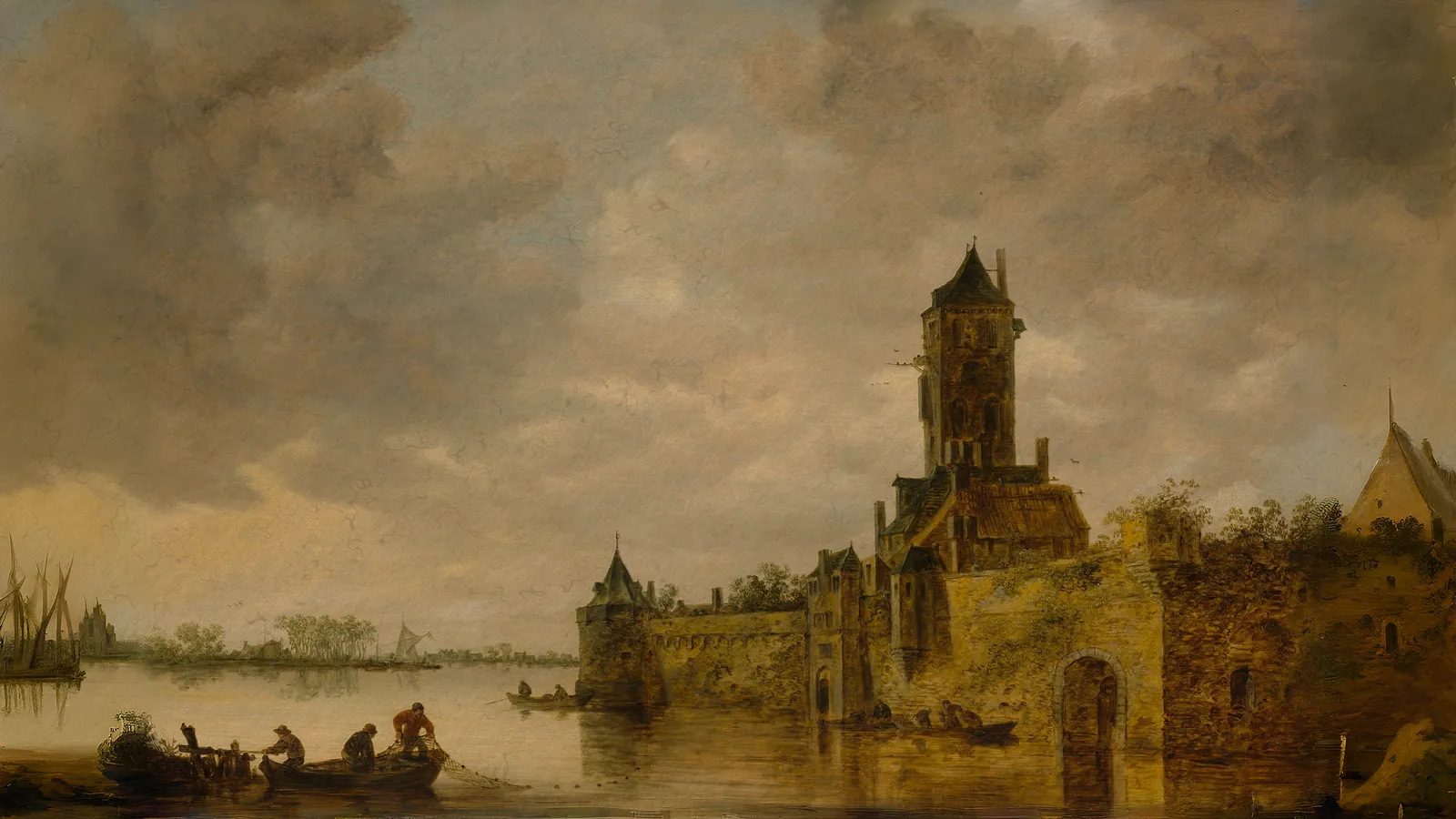 Castle by a River by Jan van Goyen, extended to 16:9