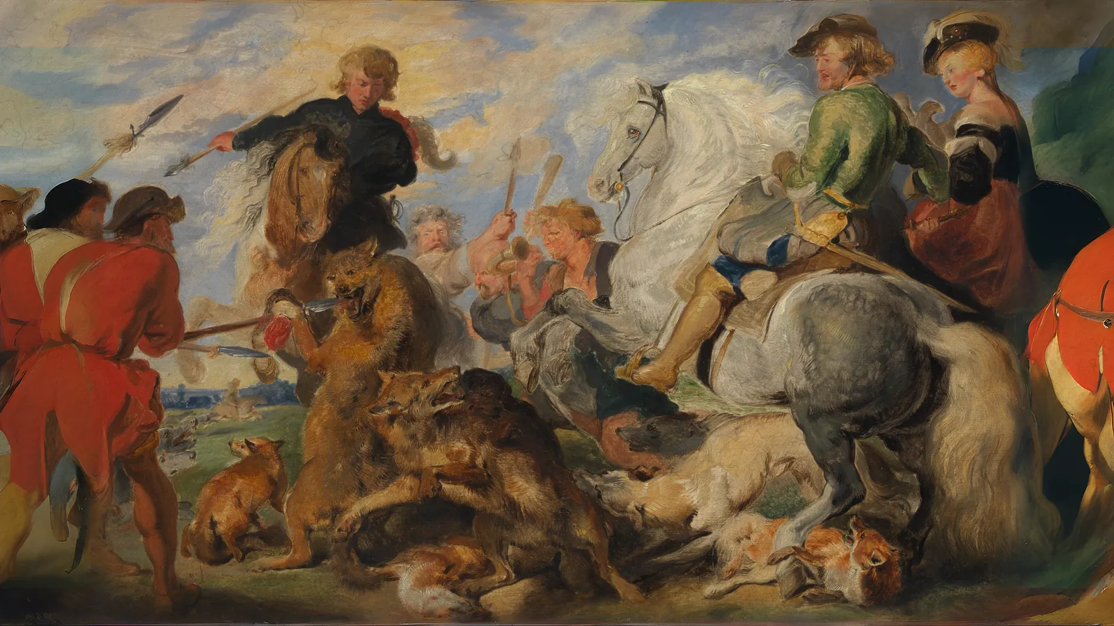 Copie d'après "La Chasse au loup et au renard" de Rubens par Sir Edwin Henry Landseer, étendu au format 16:9
