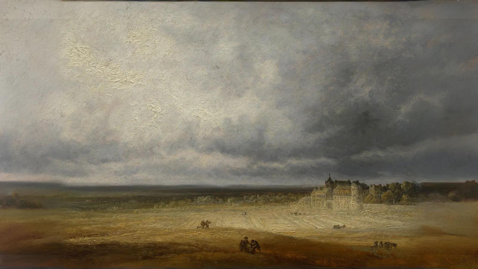 Paysage avec un champ labouré et un village par Georges Michel, étendu au format 16:9