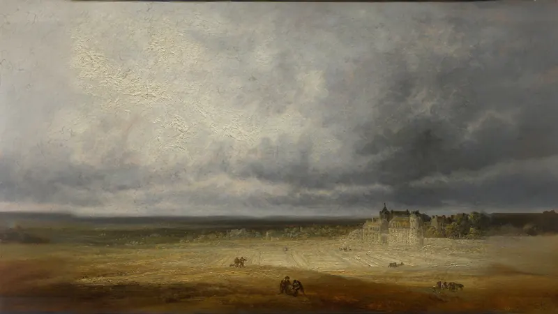 Landschaft mit gepflügtem Feld und Dorf von Georges Michel