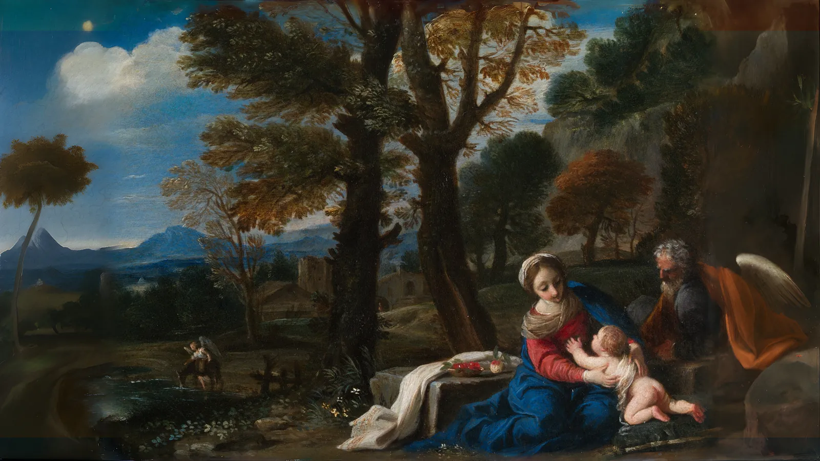 Le Repos pendant la fuite en Égypte par Pier Francesco Mola, étendu au format 16:9