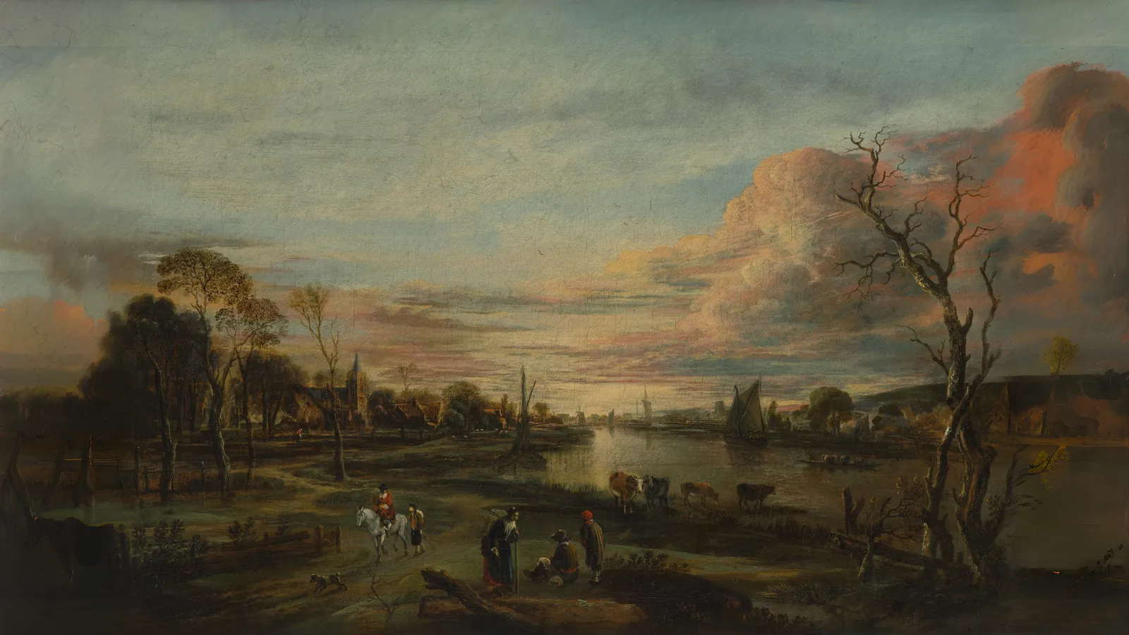 Paisaje al atardecer de Aert van der Neer, extendido a 16:9