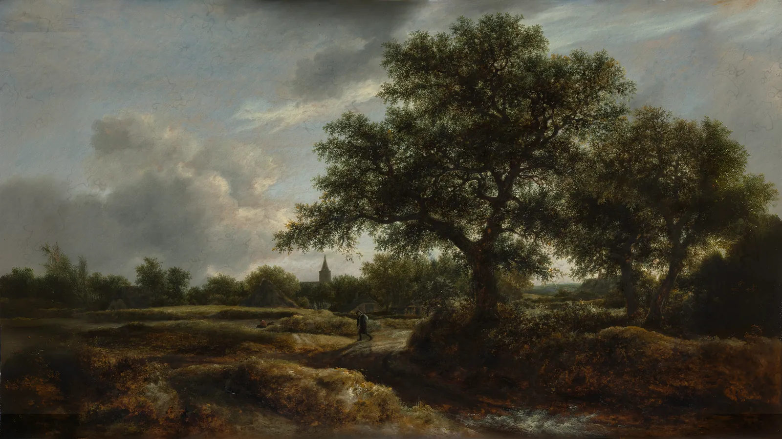 Paysage avec un village au loin par Jacob van Ruisdael, étendu au format 16:9