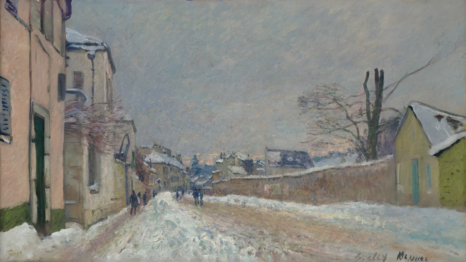 Rue Eugène Moussoir à Moret : hiver par Alfred Sisley, étendu au format 16:9