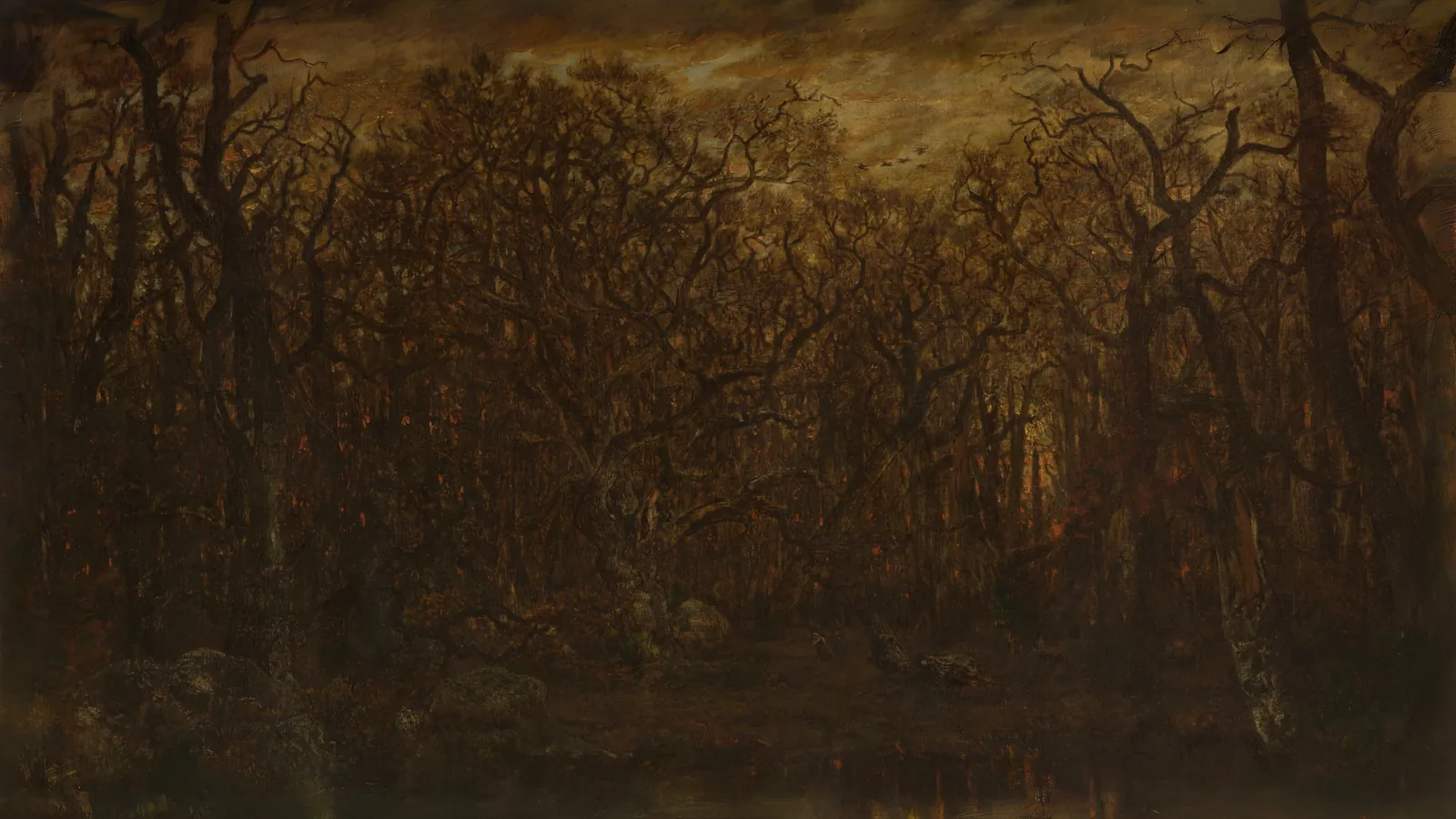 The Forest in Winter at Sunset by Théodore Rousseau, extended to 16:9