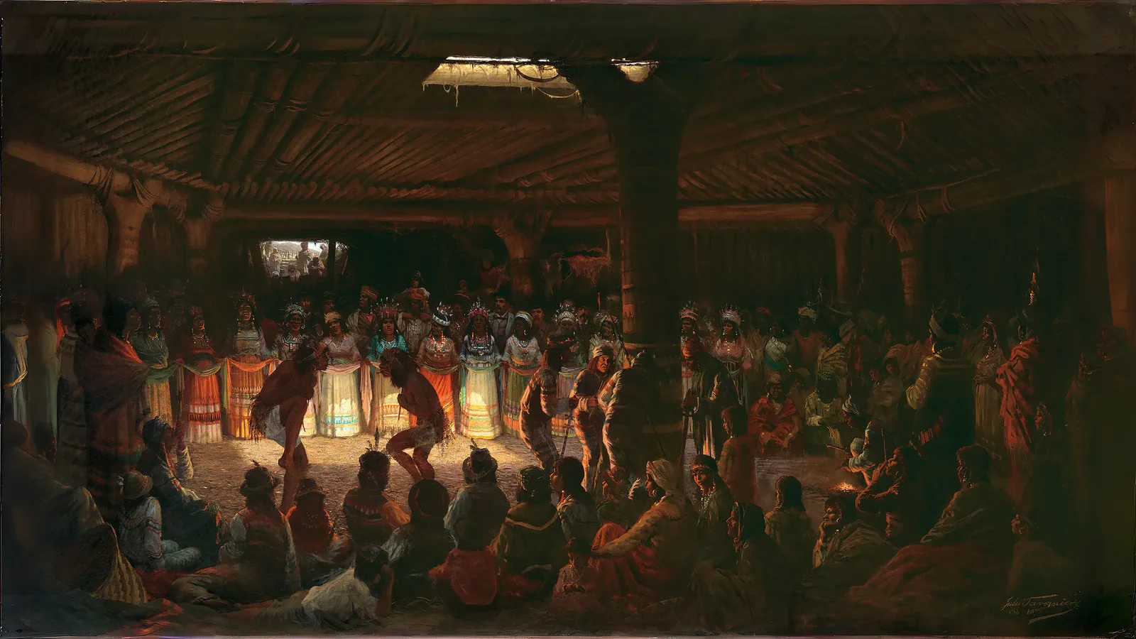 Danse dans une maison ronde souterraine à Clear Lake, Californie par Jules Tavernier, étendu au format 16:9
