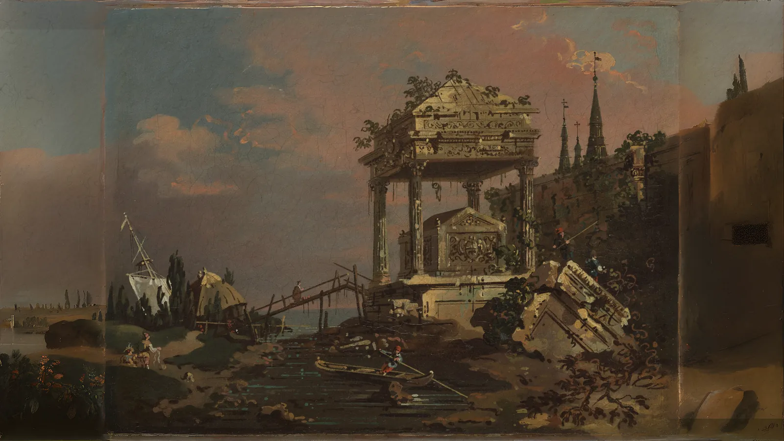 Vue imaginaire avec un tombeau près de la lagune par Canaletto (Giovanni Antonio Canal), étendu au format 16:9