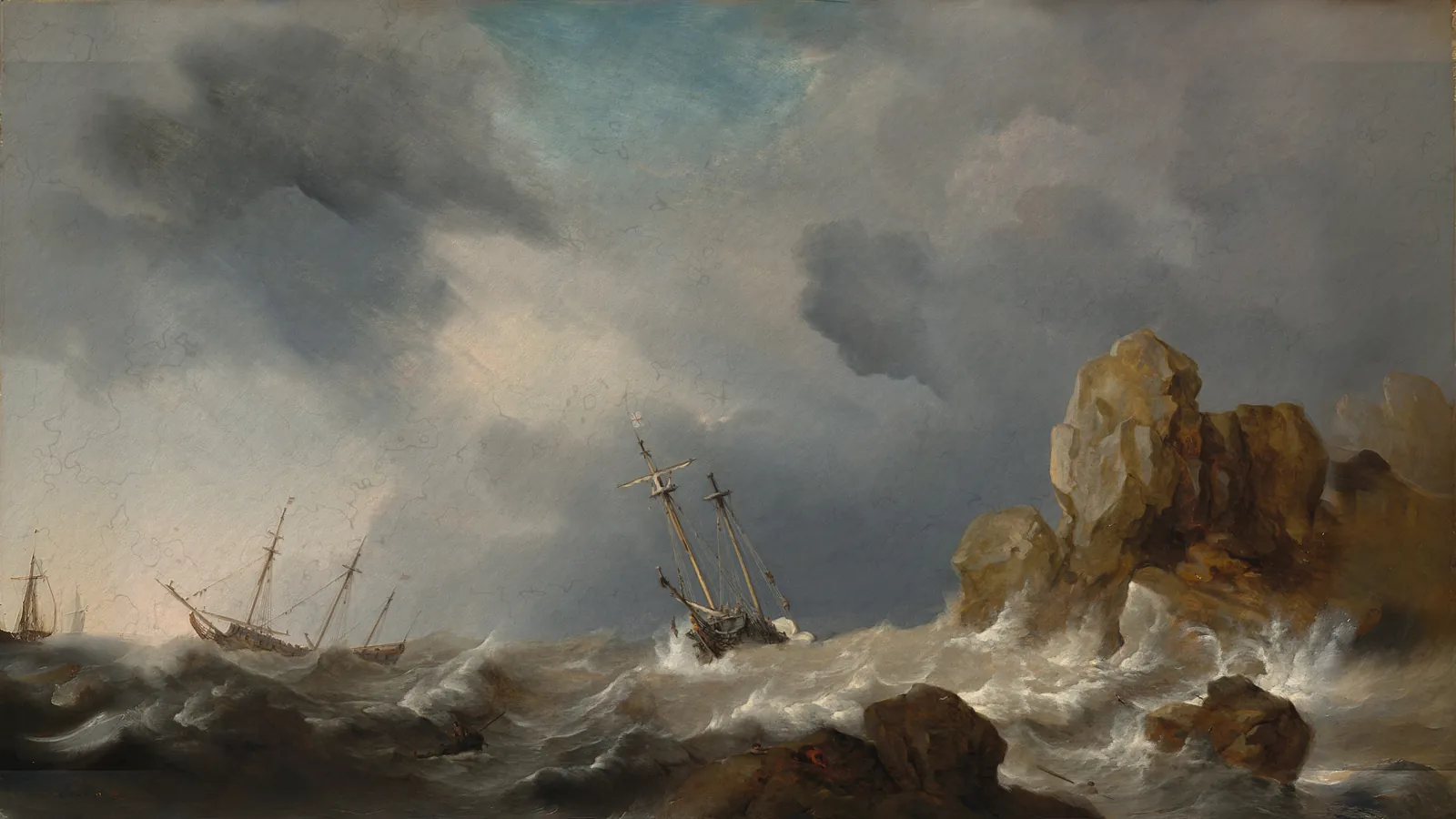 Ships in a Gale by Willem van de Velde the Younger, extended to 16:9