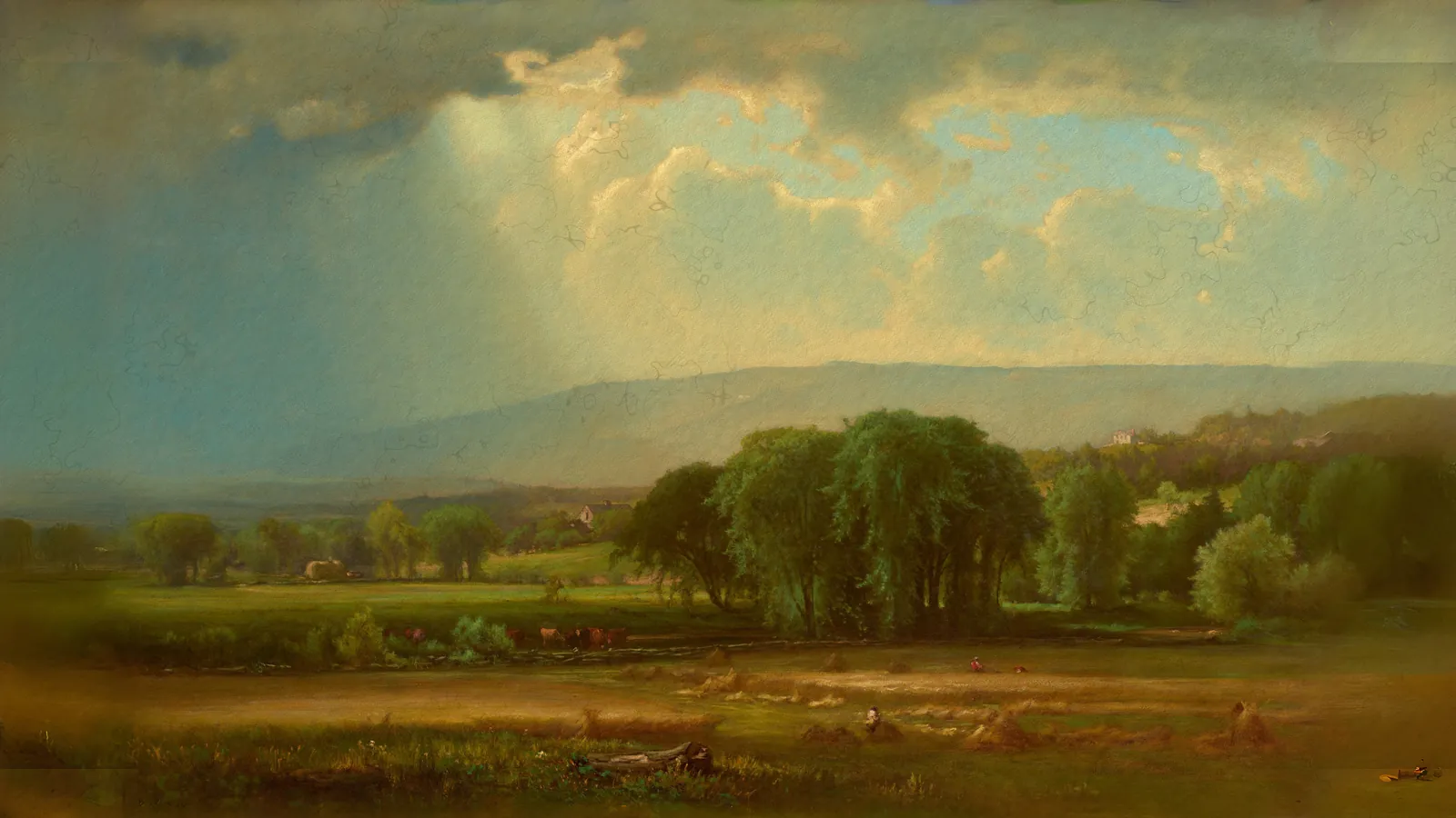 Scène de moisson dans la vallée du Delaware par George Inness, étendu au format 16:9