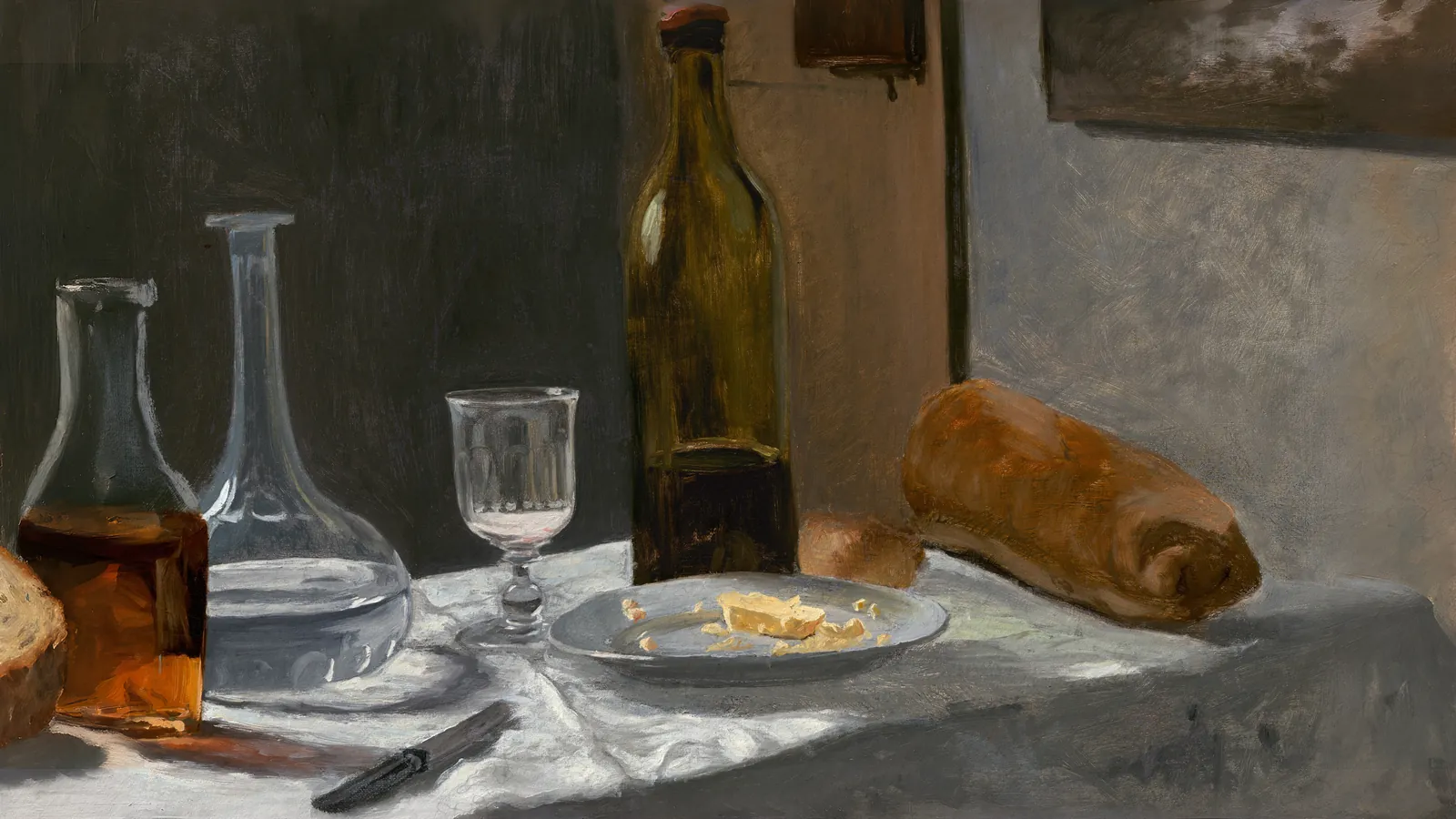 Still Life with Bottle, Carafe, Bread, and Wine by Claude Monet, extended to 16:9