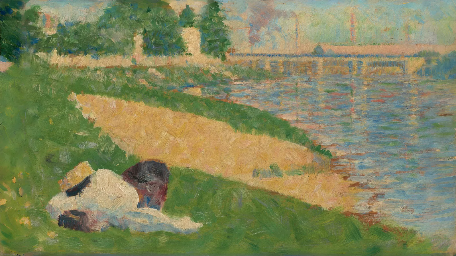 El Sena con ropa en la orilla (Estudio para "Bañistas en Asnières") por Georges Seurat, extendido a 16:9