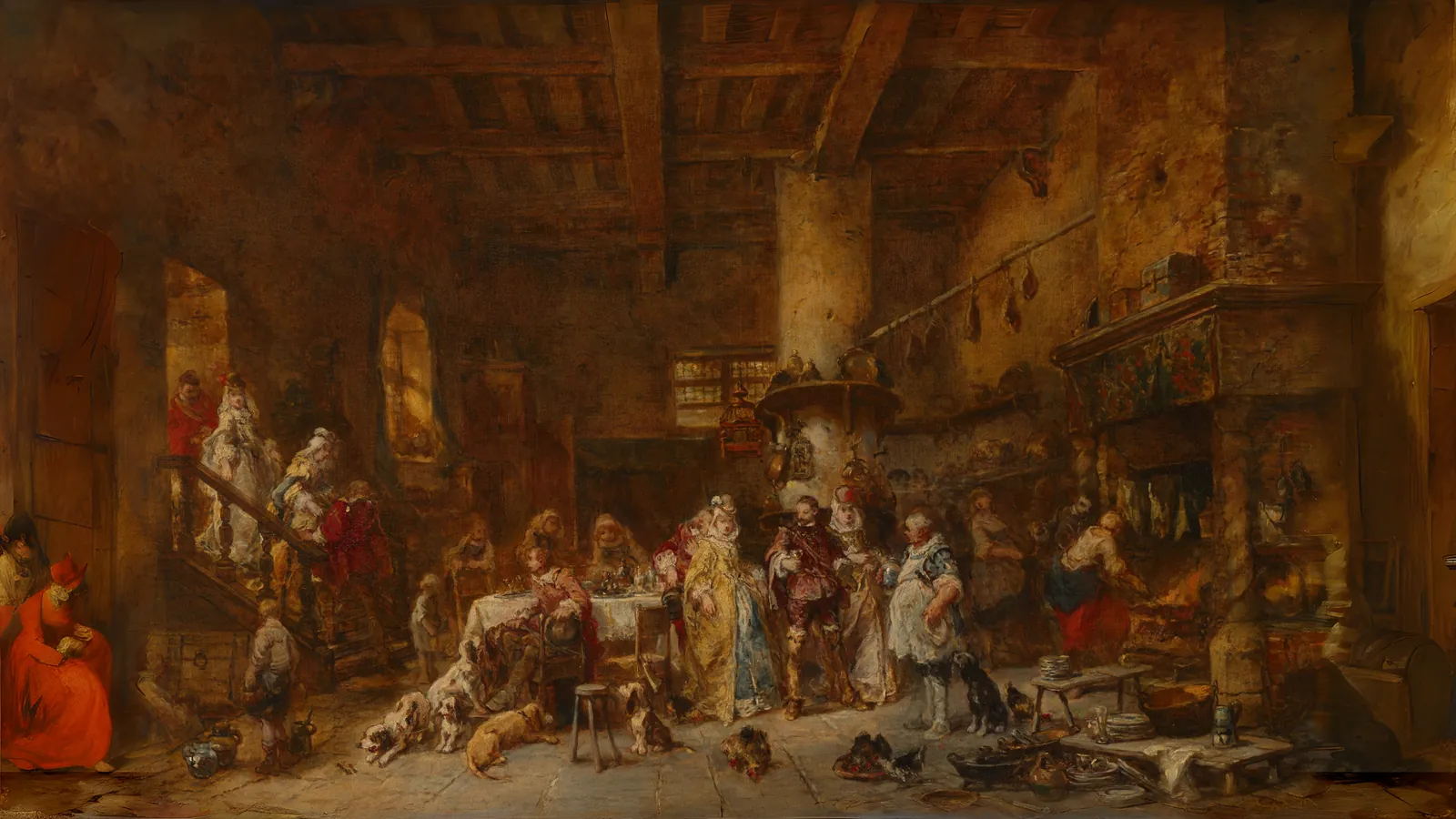 Ländliche Taverne, beim Festmahl von Eugène Isabey, erweitert auf 16:9