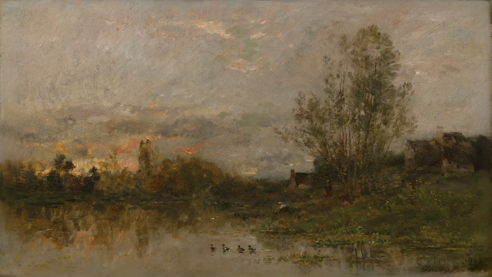 Coucher de soleil sur la rivière par Charles-François Daubigny, étendu au format 16:9