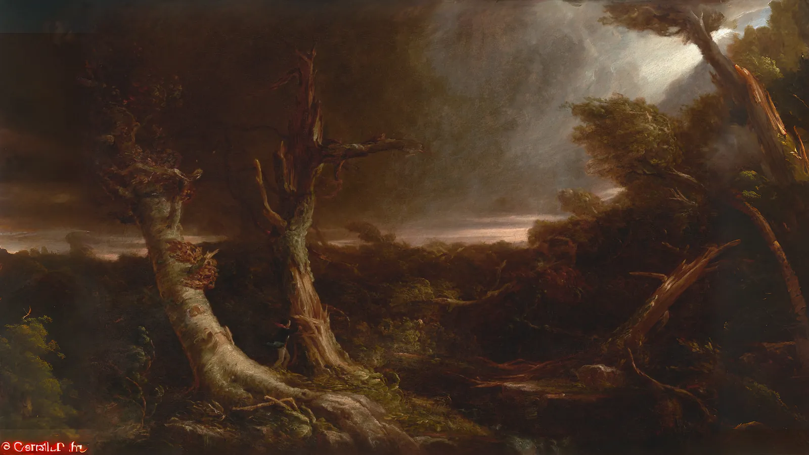 Tornado in einem amerikanischen Wald von Thomas Cole, erweitert auf 16:9
