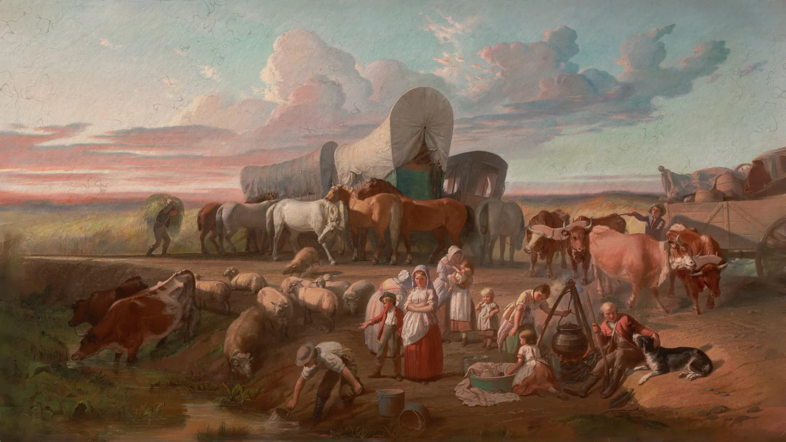 Una sosta serale - Emigranti in viaggio verso l'Ovest nel 1840 di Benjamin Franklin Reinhart, esteso in 16:9