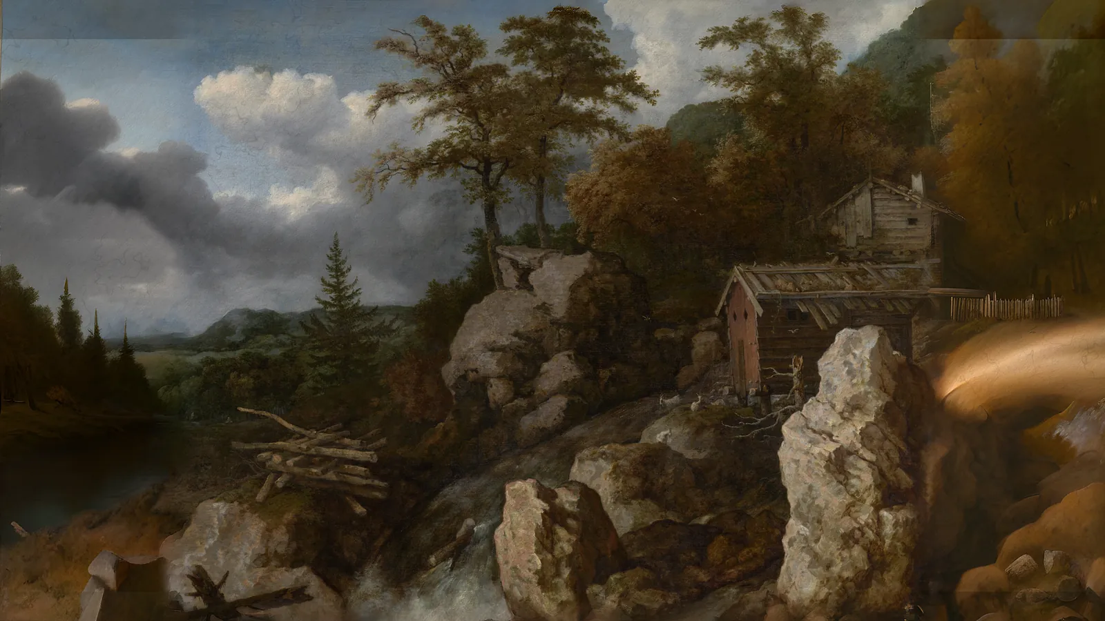 Waterfall with Log Cabins by Allart van Everdingen, extended to 16:9
